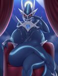 anthro anthrofied blue_body blush bodily_fluids breasts claws crossed_legs cum cum_on_breasts dialga front_view genital_fluids hi_res legendary_pok&eacute;mon mleonheart nintendo nipples nude pok&eacute;mon pok&eacute;mon_(species) red_eyes sitting solo video_games 