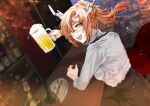  1girl :d alcohol bar beer beer_mug black_skirt blurry blurry_background bottle brown_eyes brown_hair counter cup glasses head_fins highres horns indoors mug nagami_mugi ponytail sitting skirt smile solo virtual_youtuber white_background white_horns yes_toriniku 