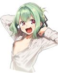  1girl :3 :d absurdres areola_slip arms_behind_head arms_up bangs blush collarbone cropped_torso dress_shirt eyebrows_visible_through_hair flat_chest floating_hair green_hair hair_intakes highres light_green_hair long_sleeves looking_at_viewer muchi_maro open_clothes open_mouth open_shirt original partially_unbuttoned pink_eyes red_eyes shiny shiny_hair shiny_skin shirt simple_background smile solo tongue updo white_background white_shirt 