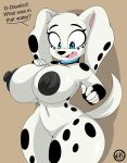  101_dalmatian_street 101_dalmatians 2022 5_fingers absurd_res anthro areola big_breasts breasts canid canine canis dalmatian dialogue digital_media_(artwork) disney dolly_(101_dalmatians) domestic_dog english_text eyebrows female fingers hi_res long_ears mammal navel nipples nr_ac open_mouth shadow simple_background solo text 