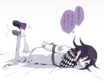  1boy arms_behind_back bdsm bondage bound danganronpa_(series) danganronpa_v3:_killing_harmony gag gagged improvised_gag lying on_bed on_stomach ouma_kokichi purple_eyes purple_hair shirt shoes tape tape_gag translation_request white_background white_shirt 