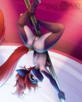  2019 abluedeer anthro blue_body blue_fur breasts canid clitoris dancing digo_marrallang dreamkeepers female fur genitals hair hi_res mammal nipples nude pink_nose pole pole_dancing pussy red_hair solo stripper_pole upside_down 