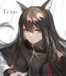  1girl arknights black_hair black_jacket character_name hair_between_eyes hand_up highres jacket long_hair long_sleeves looking_at_viewer sidelocks simple_background solo texas_(arknights) upper_body was775 white_background white_sleeves yellow_eyes 