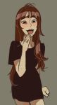  1girl bangs black_shirt blush borrowed_character brown_hair freckles grey_background hand_to_own_mouth highres kara_eklund long_hair looking_at_viewer mossacannibalis open_mouth original shirt simple_background smile smug solo 