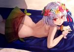  1girl back bikini bikini_bottom_only bow butt_crack eyebrows_visible_through_hair fate/grand_order fate_(series) flower_wreath hair_between_eyes hair_ribbon kama_(fate) kama_(swimsuit_avenger)_(fate) kama_(swimsuit_avenger)_(first_ascension)_(fate) looking_at_viewer looking_to_the_side lying no_panties on_stomach open_mouth purple_hair red_eyes red_ribbon ribbon short_hair short_hair_with_long_locks skirt smile solo suminagashi sweat swimsuit topless wristband 