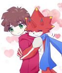  &lt;3 anthro bandai_namco betelgammamon blush claws digimon digimon_ghost_game duo embrace hi_res hiro_amanokawa horn hug human juglans_b612 male mammal red_body scarf smile 