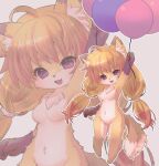  4_fingers anthro arm_markings balloon blonde_hair breasts canid canine chest_tuft ear_markings facial_markings female fingers fox fur hair hand_markings head_markings hi_res inflatable inner_ear_fluff kemono looking_at_viewer mammal markings multicolored_body multicolored_fur pawpads purple_eyes racal_ra smile solo tuft white_body white_fur wide_hips yellow_body yellow_fur zoom_layer 