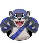  2020 absurd_res ambiguous_gender bandai_namco bearmon belly belt blue_eyes claws clothing dale&#039;rae digimon digimon_(species) english_text fluffy fur grey_body grey_fur happy hat headgear headwear hi_res huge_filesize looking_at_viewer mammal open_mouth simple_background smile snout solo teeth_showing text ursid ursine white_background white_belly 