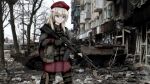  absurdres ak-74m ak74m_(girls&#039;_frontline) ammunition_belt assault_rifle beret black_legwear blonde_hair blue_eyes btr-80 building camouflage_gloves destruction girls&#039;_frontline gun hair_ornament hat highres holding holding_gun holding_weapon kalashnikov_rifle kuro_ten7 long_hair looking_at_viewer military_operator photo_background red_star rifle rubble russian_flag signature skirt snowflake_hair_ornament solo standing tactical_clothes thighhighs tree trigger_discipline war weapon 