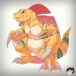  1:1 2018 agumon_x ambiguous_gender bandai_namco blue_stripes claws digimon digimon_(species) dinosaur green_eyes hi_res kloudraws markings reptile scalie signature simple_background solo stripes watermark yellow_body 