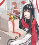  &gt;_&lt; 2girls :d arknights bell black_hair black_jacket black_legwear black_skirt box candy candy_cane capelet cardboard_box christmas christmas_ornaments detached_sleeves energy_wings exusiai_(arknights) food fur-trimmed_capelet fur-trimmed_headwear fur-trimmed_shirt fur-trimmed_sleeves fur_trim gloves grey_background hair_between_eyes halo hat highres holding holding_box id_card jacket long_hair long_sleeves looking_at_viewer mini_hat mouth_hold multicolored_clothes multicolored_jacket multiple_girls open_mouth penguin_logistics_logo pocky profile red_capelet red_gloves red_headwear red_ribbon red_scarf red_shirt ribbon santa_costume santa_hat scarf shirt sidelocks skirt sleeves_past_elbows smile streamers teeth texas_(arknights) two-tone_jacket upper_teeth was775 white_jacket xd yellow_eyes 