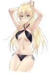  1girl alternate_costume armpits arms_behind_head bangs bikini black_bikini black_swimsuit blonde_hair blush breasts closed_mouth collarbone cropped_legs earrings english_commentary eyebrows_visible_through_hair girls&#039;_frontline green_eyes hand_in_own_hair highres jewelry long_hair looking_at_viewer medium_breasts navel presenting_armpit solo standing stg44_(girls&#039;_frontline) suprii swimsuit white_background 