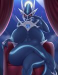  anthro anthrofied blue_body blush breasts claws crossed_legs dialga front_view hi_res legendary_pok&eacute;mon mleonheart nintendo nipples nude pok&eacute;mon pok&eacute;mon_(species) red_eyes sitting solo video_games 