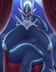  anthro anthrofied blue_body blush breasts claws crossed_legs dialga front_view hi_res legendary_pok&eacute;mon mleonheart nintendo nipples nude pok&eacute;mon pok&eacute;mon_(species) red_eyes sitting solo video_games 