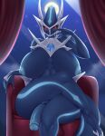  anthro anthrofied blue_body blush breasts claws crossed_legs dialga front_view genitals hi_res legendary_pok&eacute;mon mleonheart nintendo nipples nude penis pok&eacute;mon pok&eacute;mon_(species) red_eyes sitting solo video_games 