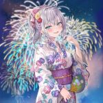  1girl :d absurdres aerial_fireworks ahoge alisa_mikhailovna_kujou bangs blue_eyes blurry blurry_background blush braid breasts crossed_bangs eyebrows_visible_through_hair fireworks floral_print flower grey_hair hair_between_eyes hair_flower hair_ornament hair_ribbon half-closed_eyes hand_fan highres holding holding_fan japanese_clothes kanzashi kimono long_hair long_sleeves looking_at_viewer medium_breasts momoko_(momopoco) morning_glory_print night night_sky obi obijime open_mouth outdoors paper_fan pink_ribbon ponytail print_kimono revision ribbon sash shiny shiny_hair sidelocks sky smile solo standing tokidoki_bosotto_roshia-go_de_dereru_tonari_no_arya-san uchiwa wide_sleeves yukata 