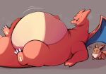  2022 absurd_res ambiguous_gender belly big_belly big_tail bodily_fluids charizard claws duo eevee fairyrolls feral fire flaming_tail hi_res lying membrane_(anatomy) membranous_wings morbidly_obese morbidly_obese_ambiguous morbidly_obese_feral nintendo obese obese_ambiguous obese_feral on_back overweight overweight_ambiguous overweight_feral pok&eacute;mon pok&eacute;mon_(species) simple_background sweat video_games wings 