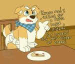  2021 anthro bandanna biped canid canine canis detailed_background dialogue diaper domestic_dog english_text food fur hi_res kerchief male mammal open_mouth pizza shadyadi1 solo standing text 