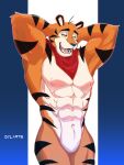  abs dylarts featureless_crotch felid frosted_flakes hands_behind_head hi_res invalid_tag kellogg&#039;s looking_at_viewer male mammal mascot muscular muscular_male navel neck_bandana nipples null open_mouth pantherine pecs raised_arms smile solo tiger tiger_stripes tony_the_tiger wide_hips 