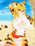  absurd_res aleak_r anthro armpit_hair beach belt big_breasts bikini blush bodily_fluids body_hair breasts cat_tail clothed clothing cloud domestic_cat felid feline felis female fur green_body hi_res looking_at_viewer mammal mia_(world_flipper) moai neck_tuft oil_rig palm_tree pantherine partially_clothed plant sand sea seaside sky smug solo sweat sweatdrop swimwear thick_thighs tiger tight_clothing tree tuft water white_body white_fur wide_hips world_flipper yellow_body yellow_fur 