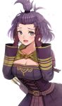  1girl antenna_hair arrow_(projectile) bernadetta_von_varley blush breasts cleavage commentary_request dress fire_emblem fire_emblem:_three_houses fire_emblem_warriors:_three_hopes forehead gonzarez grey_eyes highres long_sleeves looking_at_viewer medium_breasts open_mouth purple_belt purple_dress purple_hair quiver short_hair simple_background solo upper_body white_background 