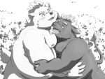 2022 anthro belly big_belly blush bovid bovine cattle duo embrace hug humanoid_hands itachi_guma kemono male male/male mammal moobs nipples overweight overweight_male ursid young 