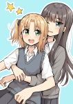  2girls absurdres aqua_background betock black_hair blonde_hair green_eyes highres hug hug_from_behind long_hair medium_hair multiple_girls one_eye_closed original outline school_uniform side_ponytail smile star_(symbol) sweater_vest teeth upper_teeth white_outline yuri 