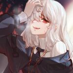  1girl :d arknights black_jacket chain crying crying_with_eyes_open gold_chain grey_hair hair_over_one_eye hand_on_own_head highres jacket long_hair long_sleeves looking_at_viewer open_mouth red_eyes ribbed_sweater smile solo specter_(arknights) sweater tears teeth turtleneck turtleneck_sweater upper_body upper_teeth was775 white_sweater 