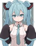  1girl :o ahoge bangs bare_shoulders black_sleeves blue_eyes blue_hair blue_necktie breasts collared_shirt detached_sleeves eyebrows_visible_through_hair grey_background hair_between_eyes hands_up hatsune_miku highres long_hair long_sleeves looking_at_viewer maud0239 medium_breasts necktie parted_lips shirt sleeveless sleeveless_shirt sleeves_past_fingers sleeves_past_wrists solo twintails two-tone_background upper_body very_long_hair vocaloid white_background white_shirt 