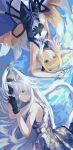  2girls absurdres animal_ear_fluff animal_ears arknights arm_up armpits bangs bare_arms bare_shoulders black_gloves blonde_hair blue_hairband braid breasts cat_ears cat_girl cat_tail closed_mouth commentary_request dress eyebrows_behind_hair eyebrows_visible_through_hair fingerless_gloves flower fox_ears fox_girl fox_tail gloves green_eyes grey_dress hair_rings hairband highres holding holding_flower kitsune lily_of_the_valley long_hair multicolored_hair multiple_girls parted_lips purple_skirt rosmontis_(arknights) shirt shiyuanshitobi sidelocks skirt sleeveless sleeveless_dress small_breasts smile suzuran_(arknights) tail twin_braids two-tone_hair very_long_hair white_flower white_hair white_shirt 
