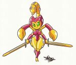  2022 anthro arachnid arthropod breasts curvy_figure female front_view green_eyes hi_res huge_hips jewelry melee_weapon pincers scorpion signature smile solo stinger sword tansau thick_thighs voluptuous weapon wide_hips 