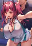  1boy 1girl azur_lane bangs bare_arms bare_shoulders blush breasts bremerton_(azur_lane) bremerton_(scorching-hot_training)_(azur_lane) cleavage closed_mouth collared_shirt commentary commentary_request hair_ornament hairclip highres jewelry large_breasts long_hair multicolored_hair necklace official_alternate_costume open_mouth red_eyes red_hair shirt smile solo_focus streaked_hair thighs tsuki_tokage two-tone_skirt white_shirt 