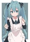  1girl apron bangs black_dress blue_eyes blue_hair blue_ribbon blush collared_dress dress eyebrows_visible_through_hair frilled_apron frills grey_background hair_between_eyes hands_up hatsune_miku highres long_hair long_sleeves looking_at_viewer maid_apron maud0239 neck_ribbon open_mouth ribbon solo sweat twintails two-tone_background very_long_hair vocaloid white_apron white_background 
