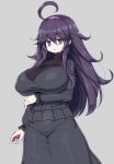  1girl @_@ ahoge alternate_breast_size bangs black_hair blue_eyes blush breast_hold breasts curvy dress eyebrows_visible_through_hair grey_background hair_between_eyes hairband hex_maniac_(pokemon) highres huge_ahoge huge_breasts large_breasts long_hair looking_at_viewer messy_hair open_mouth plump poke_ball poke_ball_(basic) pokemon pokemon_(game) pokemon_xy purple_hair purple_hairband sawati sidelocks simple_background solo sweater tight tight_dress turtleneck turtleneck_sweater 