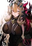  1girl armor bangs bare_shoulders black_dress black_gloves blonde_hair blue_eyes blush breasts dress elbow_gloves fairy_knight_gawain_(fate) fairy_knight_gawain_(second_ascension)_(fate) fate/grand_order fate_(series) gauntlets gloves heterochromia horns jewelry large_breasts long_hair looking_at_viewer necklace pauldrons pelvic_curtain red_eyes shoulder_armor single_pauldron solo suminagashi 
