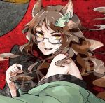  1girl :d animal_ears bangs bare_shoulders brown_eyes brown_hair futatsuiwa_mamizou glasses green_kimono japanese_clothes kikuichi_monji kimono leaf leaf_on_head looking_at_viewer open_mouth raccoon_ears raccoon_girl raccoon_tail smile smoking solo tail touhou 