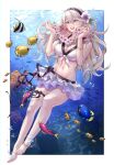  1girl :d absurdres bangs bare_shoulders barefoot bikini bracelet breasts bubble cleavage corrin_(fire_emblem) corrin_(fire_emblem)_(female) fire_emblem fire_emblem_fates fire_emblem_heroes fish flower flower_necklace full_body hair_between_eyes hair_flower hair_ornament hairband highres jewelry lei long_hair navel official_alternate_costume open_mouth red_eyes smile sobasakuhin swimsuit teeth underwater upper_teeth white_hair 