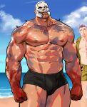  2boys abs bara bare_pectorals beach biceps blood blood_on_face clenched_hands cloud cloudy_sky day dead_by_daylight evan_macmillan highres jang_ju_hyeon large_pectorals looking_at_viewer male_focus male_swimwear mask multiple_boys muscular muscular_male navel nipples ocean pectorals sand scar scar_on_arm scar_on_chest scar_on_face skull skull_mask sky smirk spikes thick_arms topless_male veins veiny_arms yellow_eyes 