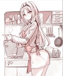  1girl absurdres an-94_(girls&#039;_frontline) apron english_commentary girls&#039;_frontline hairband highres holding holding_ladle holding_plate kitchen ladle long_hair long_sleeves monochrome pencil_skirt peroronti plate pot shirt skirt smile solo steam turtleneck 
