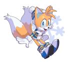  1boy artist_name blue_eyes boots christmas evan_stanley fang gloves hat highres jacket long_sleeves looking_at_viewer male_focus multicolored_fur open_clothes open_jacket open_mouth pointy_nose snow solo sonic_(series) tails_(sonic) tongue white_fur yellow_fur 