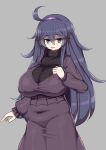  1girl @_@ ahoge alternate_breast_size bangs black_hair blue_eyes blush breast_hold breasts covered_navel covered_nipples curvy dress eyebrows_visible_through_hair grey_background hair_between_eyes hairband hex_maniac_(pokemon) huge_ahoge huge_breasts large_breasts long_hair looking_at_viewer messy_hair open_mouth plump pokemon pokemon_(game) pokemon_xy purple_hair purple_hairband sawati sidelocks simple_background solo sweater tight tight_dress turtleneck turtleneck_sweater 