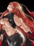  1girl abs absurdres black_background black_legwear breasts cicada_(nnakqr5n6q9p2ht) cleavage cowboy_shot fuuma_kotarou_(tenkaichi) highres large_breasts long_hair midriff muscular muscular_female navel parted_lips red_eyes red_hair smile solo tenkaichi_nihon_saikyou_bugeisha_ketteisen underboob very_long_hair 