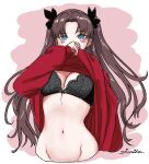  1girl absurdres artist_name black_bra blue_eyes blush bra breasts brown_hair clothes_lift covering_mouth dismaiden fate/stay_night fate_(series) groin hand_over_own_mouth highres medium_breasts navel shirt_lift signature solo tohsaka_rin twintails underwear 