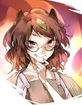  1girl animal_ears bangs brown_eyes brown_hair closed_mouth futatsuiwa_mamizou glasses leaf leaf_on_head looking_at_viewer raccoon_ears raccoon_girl raccoon_tail short_hair short_sleeves smile solo tail tongue tongue_out touhou yurutintin 