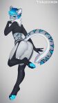  2019 9:16 anthro archon_eclipse biped black_body black_ears black_fur black_tail blue_body blue_claws blue_ears blue_eyebrows blue_eyes blue_fur blue_hair blue_nose blue_pawpads blue_tail blue_tongue butt claws clothing crop_top eyebrows felid feline fur gradient_hair grey_background grey_body grey_ears grey_fur grey_tail hair hi_res legwear looking_at_viewer looking_back male mammal multi_tone_ears multi_tone_fur multi_tone_tail open_mouth pawpads presenting presenting_hindquarters rear_view shirt simple_background solo stockings toe_claws tongue topwear valkoinen watermark white_body white_clothing white_fur white_inner_ear white_tail 