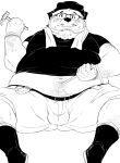  2022 anthro balls_outline belly big_belly bottomwear bulge clothing eyewear genital_outline glasses hi_res humanoid_hands kemono male mammal mature_male monochrome overweight overweight_male shintatokoro shirt shorts sitting solo topwear towel towel_around_neck ursid 