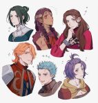  alternate_costume alternate_hairstyle armor bernadetta_von_varley blue_eyes dark-skinned_female dark_skin ferdinand_von_aegir fire_emblem fire_emblem:_three_houses fire_emblem_warriors:_three_hopes green_eyes green_hair hair_ornament highres linhardt_von_hevring long_hair looking_at_viewer messy_hair multiple_boys multiple_girls official_alternate_costume official_alternate_hairstyle open_mouth orange_eyes orange_hair oratoza petra_macneary purple_hair scar short_hair smile 