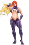  1girl abs absurdres arm_up banryu_illust biceps black_legwear blonde_hair breasts breasts_apart full_body fuuma_kotarou_(tenkaichi) gradient_hair hair_over_one_eye hand_on_hip highres large_breasts long_hair looking_at_viewer multicolored_hair muscular muscular_female navel obliques red_eyes red_hair simple_background smile solo standing tenkaichi_nihon_saikyou_bugeisha_ketteisen underboob white_background 