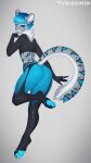  2019 9:16 anthro archon_eclipse biped black_body black_ears black_fur black_tail blue_body blue_claws blue_clothing blue_ears blue_eyebrows blue_eyes blue_fur blue_hair blue_nose blue_pawpads blue_tail blue_tongue butt claws clothing crop_top eyebrows felid feline fur gradient_hair grey_background grey_body grey_ears grey_fur grey_tail hair hi_res legwear looking_at_viewer looking_back male mammal multi_tone_ears multi_tone_fur multi_tone_tail open_mouth pawpads presenting presenting_hindquarters rear_view shirt simple_background solo stockings toe_claws tongue topwear valkoinen watermark white_body white_fur white_inner_ear white_tail 