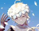  1boy aether_(genshin_impact) ahoge bangs black_gloves blonde_hair braid closed_mouth day earrings flower genshin_impact gloves hair_between_eyes half-closed_eyes head_wreath jewelry long_hair male_focus orange_eyes outdoors petals portrait single_braid single_earring sky solo urooooboe white_flower 